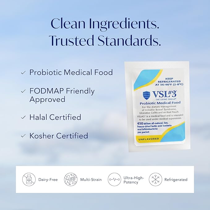 VSL#3® Probiotic Powder for Digestive Health IBS &amp UC Symptoms - 450B CFUs High-Potency Multi-Strain Live Refrigerated Probiotic Medical Food for Gut Health Support in Men &amp Women 30 Pa
