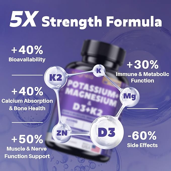 High-Potency Vitamin D3 10000IU K2 (MK-7) Potassium Magnesium Supplement - Advanced Synergistic Complex for Bone Immune Health Mood Balance &amp Energy Support