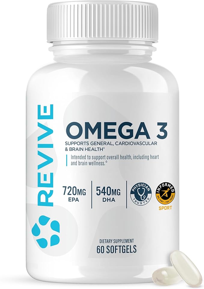 Revive MD Omega 3 Fish Oil Supplements for Men &amp Women – Softgels with EPA &amp DHA Fatty Acids for Healthy Skin &amp Joints Heart &amp Brain Support – Vegan-Friendly Gluten-Free (120 Softgel