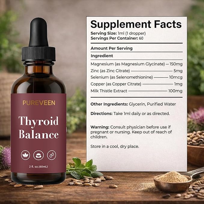 Pureveen Thyroid Restore Thyroid Support Drops for Women Liquid Supplement with Milk Thistle Selenium Zinc Magnesium Daily Wellness &amp Energy Support for Women 60ML