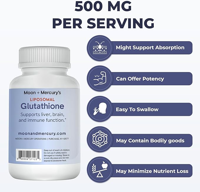 Liposomal Glutathione Non-GMO Gluten Free 500mg Supplement - May Provide Immune Support Liver Detox Brain Health and Heart Health - 60 Glutathione Capsules