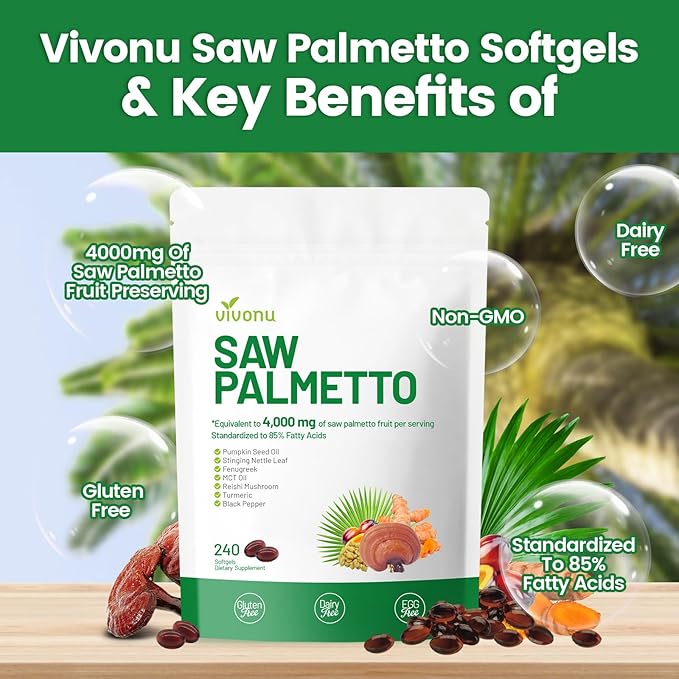 VivoNu Saw Palmetto Capsules Extract 8 in 1 Pumpkin Seed Oil - Supports Prostate Health Relieves Urination Issues Supports Hair Growth DHT Blocker 240 Softgels