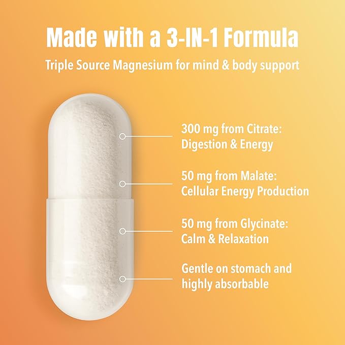 Triple Magnesium Complex Supplement – 400mg with Citrate Malate &amp Glycinate – Complete Chelated Magnesium Blend for Women &amp Men – 120 Days of Daily Multi Magnesium Nutrition – 240 Capsules