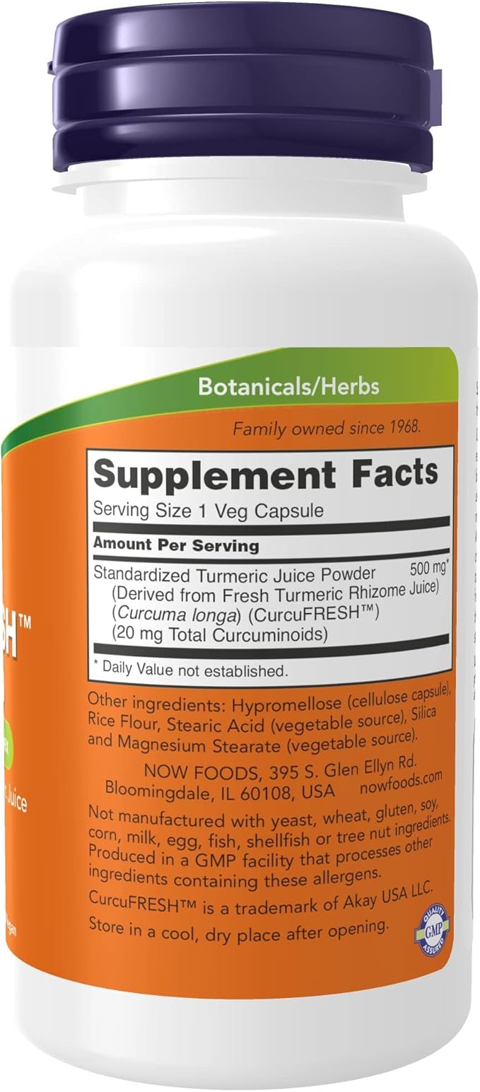 NOW Foods Supplements CurcuFRESH™ Curcumin Derived from Fresh Turmeric Juice Curcumin Juice Complex 60 Veg Capsules