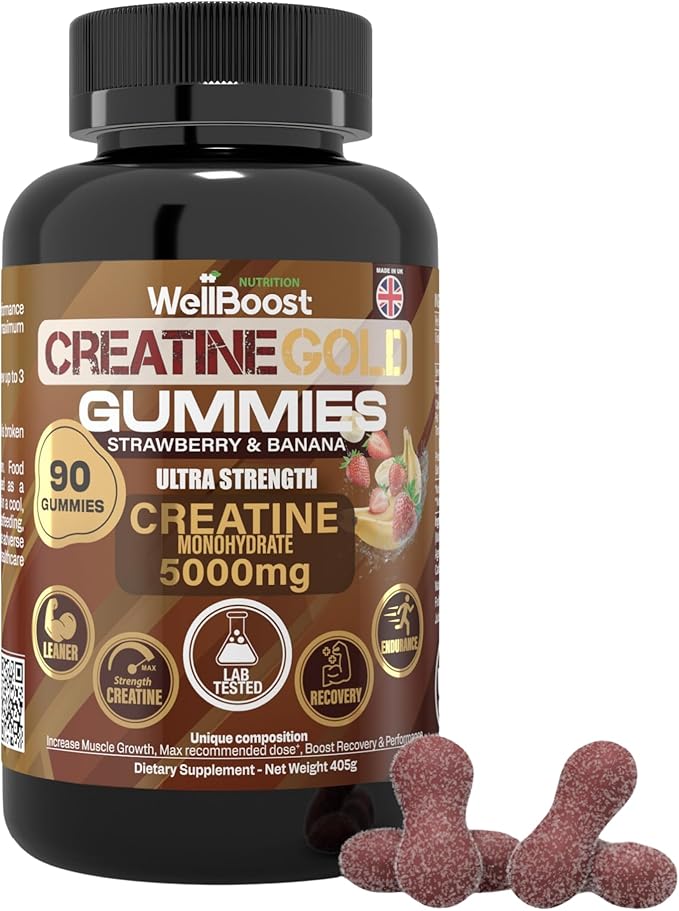 WellBoost Creatine Gold – 5000mg Creatine Monohydrate Vegan Sugar-Free Gummies for Lean Muscle Growth Endurance Recovery &amp Energy (1 Month Supply) in Starwberry and Banana Flavour.