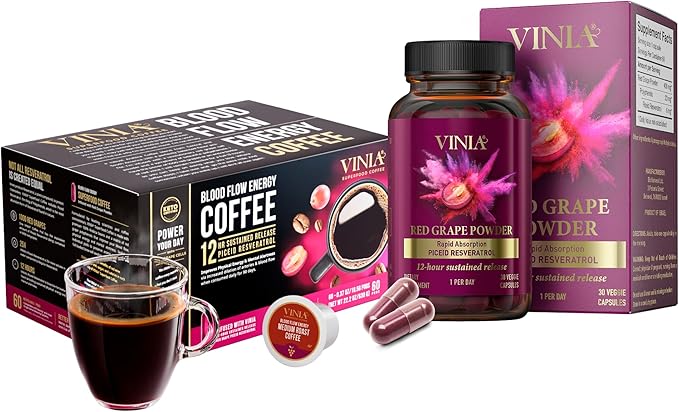 VINIA Resveratrol Heart Health Piceid Resveratrol Capsules (30 Count) + Superfood Coffee K-Cup Pods (60 Count) | Supports Blood Flow Nitric Oxide &amp Energy