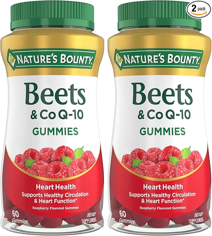 Nature's Bounty Beets &amp Co Q-10 Gummies for Heart Health Coenzyme Q10 Beet Root Extract Supports Healthy Circulation and Heart Function Cellular Energy Production Raspberry Flavor 60 Gummies