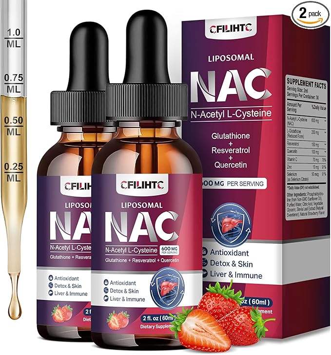 Liposomal Liquid NAC Supplement N-Acetyl Cysteine Drops N Acetyl Cysteine 600mg with Glutathione Resveratrol &amp Zinc for Adults &amp Kids Liver Lung Antioxidant Immune &amp Skin Health Strawbe