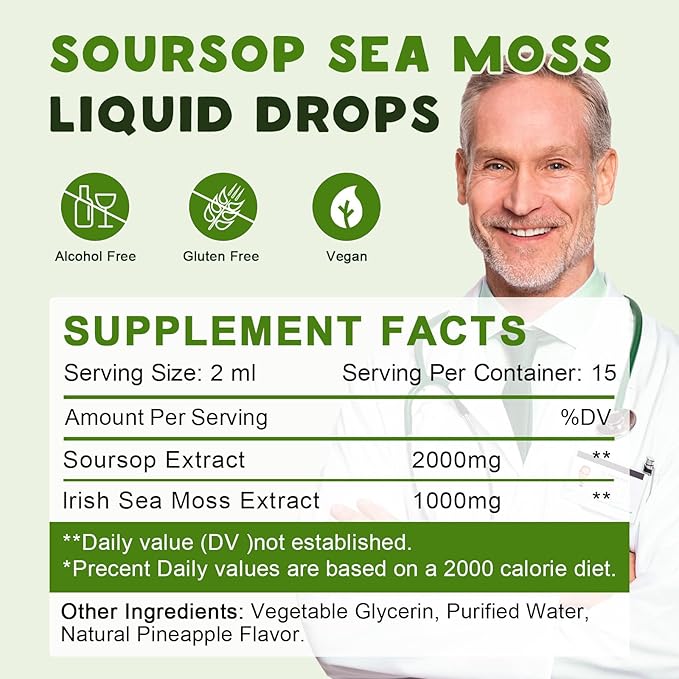 LUCNVEM (2 Pack) Soursop Graviola with Sea Moss Liquid Drops Soursop Bitters Liquid Rich in Multivitamin for Natural Antioxidant Immune Boost Cell Support &amp Regeneration Pineapple Flavor