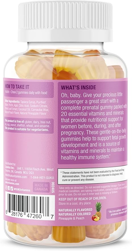 SUKU Prenatal Multivitamin Gummies – Folate Calcium Vitamin D3 B12 K2 – Sugar-Free Vegetarian Gluten-Free Pregnancy Support – Pineapple Peach Flavor – 60 Count