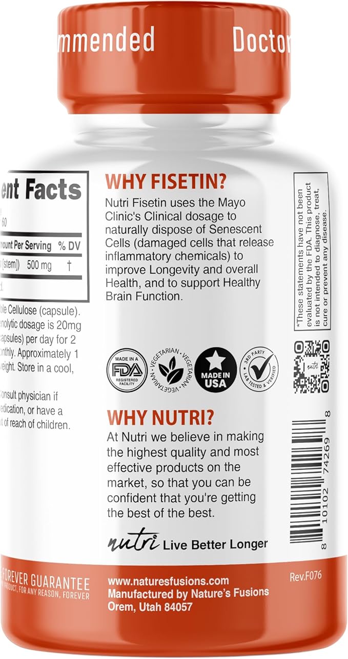 Nutri Fisetin 500mg 60 Count - Clinical Dosage - Fisetin Supplements - Powerful Senolytic Activator Antioxidant Heart &amp Brain Support - Natural Polyphenols - Capsules - 3rd Party Tested for Puri