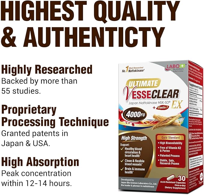 LABO Nutrition Ultimate VesseCLEAR EX Nattokinase NSK-SD 4000FU &amp Elastin F Vessel Circulation &amp Brain Health Support Japanese Supplement Shelf Stable Acid Resistant DRCaps Delayed Release x
