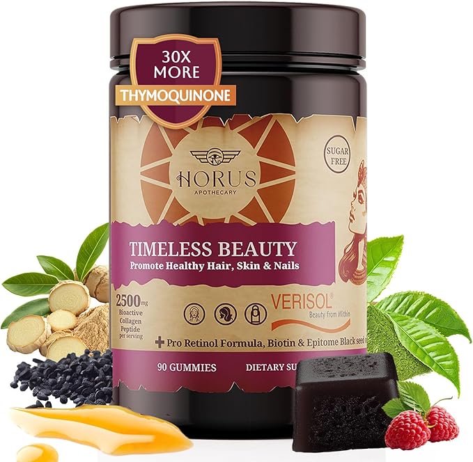 Horus Timeless Beauty Verisol Collagen Gummies – Sugar-Free Black Seed Oil Biotin Antioxidants – Hair Skin &amp Nails Support – Anti-Aging Supplement for Women – 90 Count