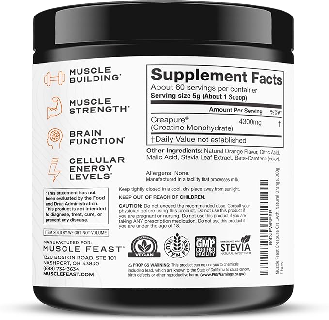 Muscle Feast Creapure Creatine Monohydrate Powder Vegan Keto Friendly Gluten-Free Easy to Mix Muscle Recovery Supplement Trusted Creatine for Muscle Growth Flavored Creatine Natural Orange 300g