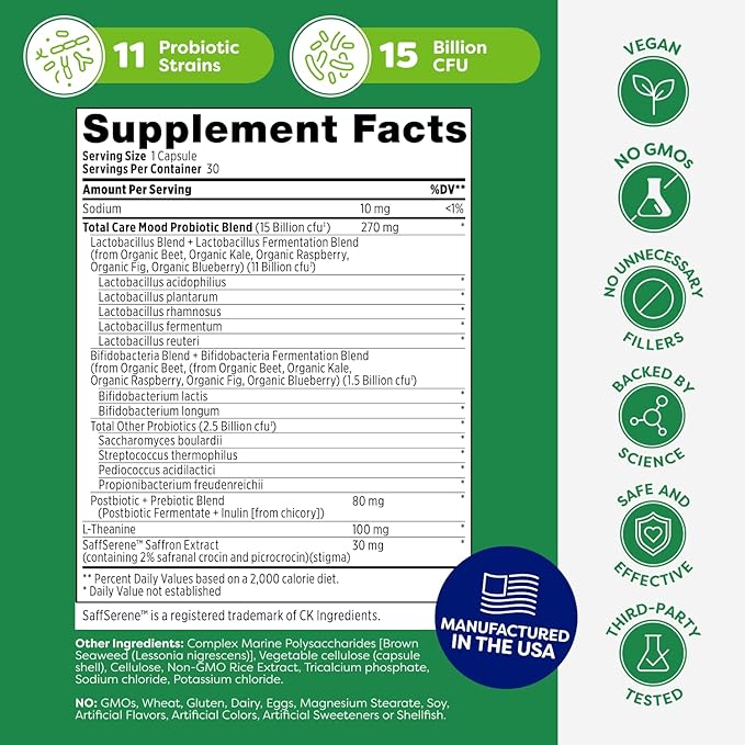 Probulin Mood Probiotics for Women with Saffron L Theanine Probiotic Prebiotic Postbiotic - Mood Support Supplement &amp Gut Support - Vegan Non GMO 30 Capsules
