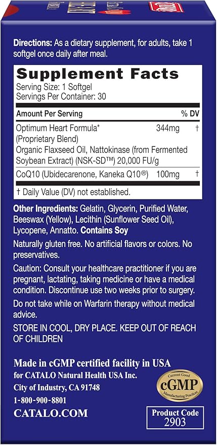 CATALO Extra CoQ10 Formula - 100mg Coenzyme Q10 Flaxseed Oil Fermented Soybean Extract 60 Softgels Gluten-Free