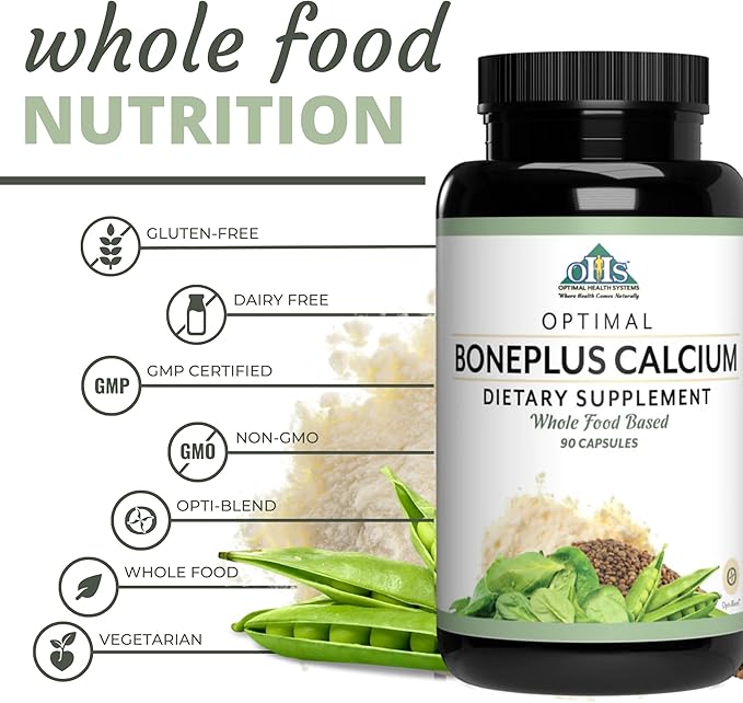 Optimal Health Systems BonePlus Calcium | Highly Absorbable Chelated Calcium + Ipriflavone Probiotics Plant Enzymes | Bone Strength Supplement | 90 Capsules