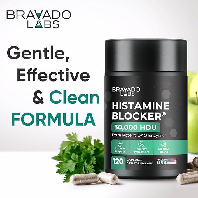 Bravado Labs DAO Supplements Histamine Blocker - Extra Strength 30000 HDU DAO Enzyme + Diamine Oxidase &amp Vitamin C for Daily Histamine Metabolism &amp Immune Support - 120ct