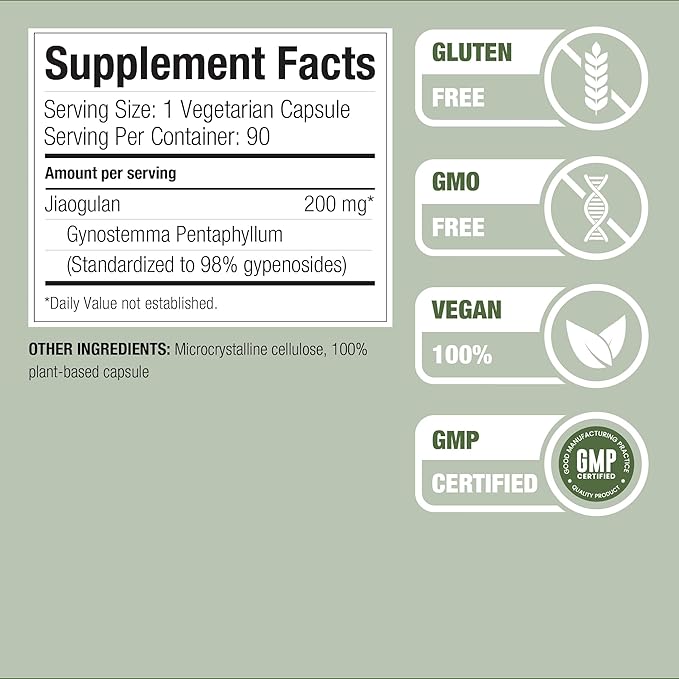 Jiaogulan Extract Supplement Highest Strength 98 Percent Gypenosides Natural AMPK Activator Non GMO Gluten Free 90 Gynostemma Pentaphyllum Capsules Vegan