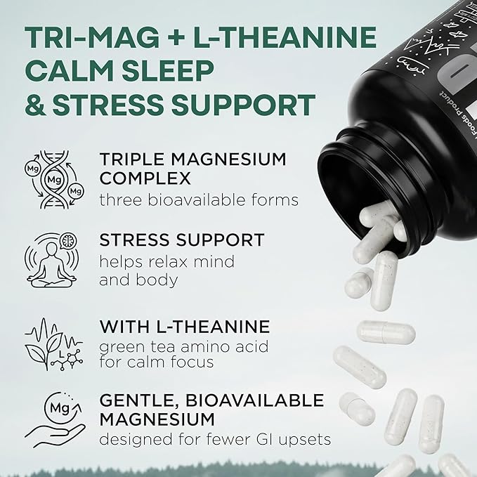 Wild Foods 3 in 1 Magnesium Glycinate L Theanine for Calm Sleep &amp Muscle Relaxation - Glycinate Malate Taurate - 100% Natural Magnesium Complex for Women and Men - 60 Capsules