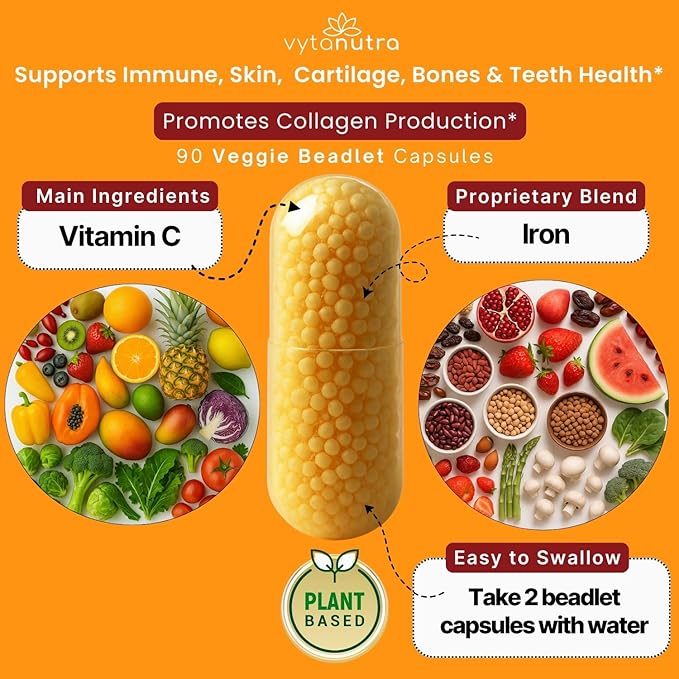 Immune Support Vitamin C – with Iron Non-GMO Vegan Gluten-Free Slow Release Beadlet Capsules 90 Count