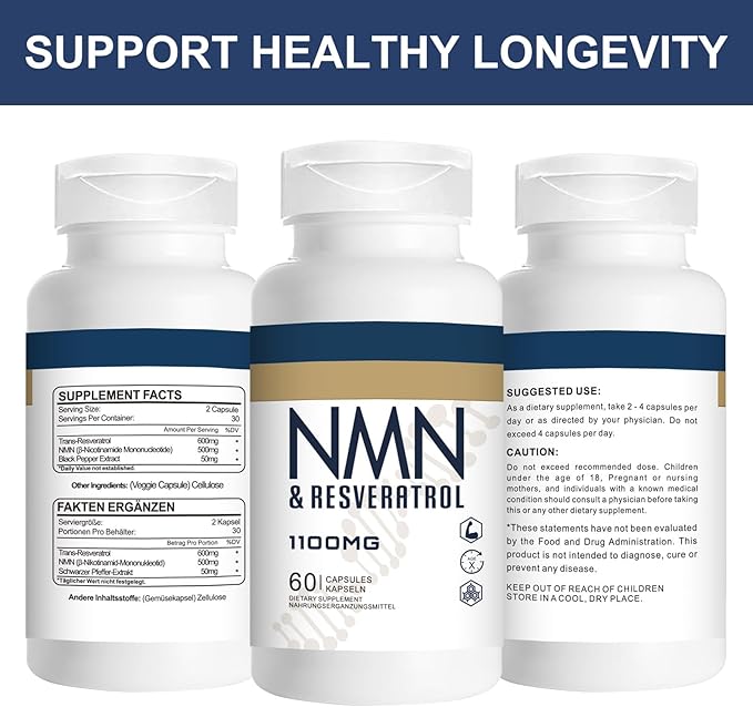 1100mg NMN &amp Trans-Resveratrol 3-in-1 Supplement 60 Veggie Capsules – Supports NAD+ Boost* Cellular Energy Immune Function Muscle Health &amp Anti-Aging 30-Day Supply