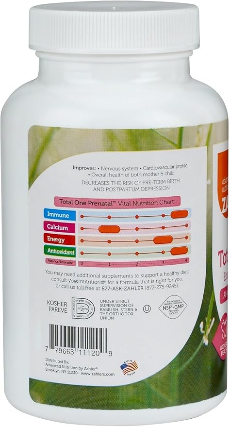 Zahler - Total One Prenatal Vitamins for Women (90 Count) Daily Multi Vitamin Prenatals with Folic Acid Iron Zinc &amp 19 Other Essential Vitamins &amp Minerals - Kosher Pre Natal Multivitamin Cap