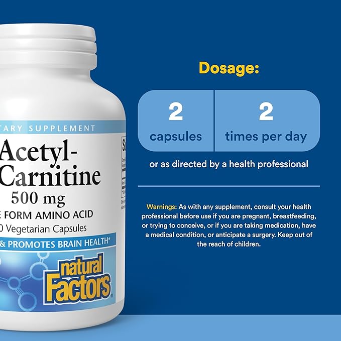 Natural Factors Acetyl L-Carnitine 500 mg Promotes a Healthy Memory Concentration and Brain Function 120 capsules (60 servings)