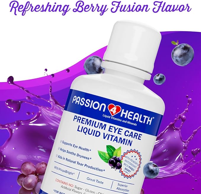 Passion 4 Health Liquid Eye Vitamins - Natural Vision &amp Adult Eye Care Supplement - Premium Support with Maqui Berry Extract Gluten-Free Non-GMO No Sugar - 30-Day Supply Made in USA