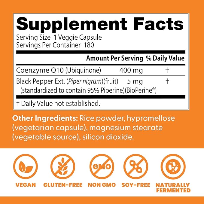 Doctor's Best High Absorption CoQ10 400mg with BioPerine Supplement - Coenzyme Q10 Caps for Heart Health &amp Antioxidant Support CoQ10 400 mg for Women &amp Men Non GMO - 180 Veg Capsules