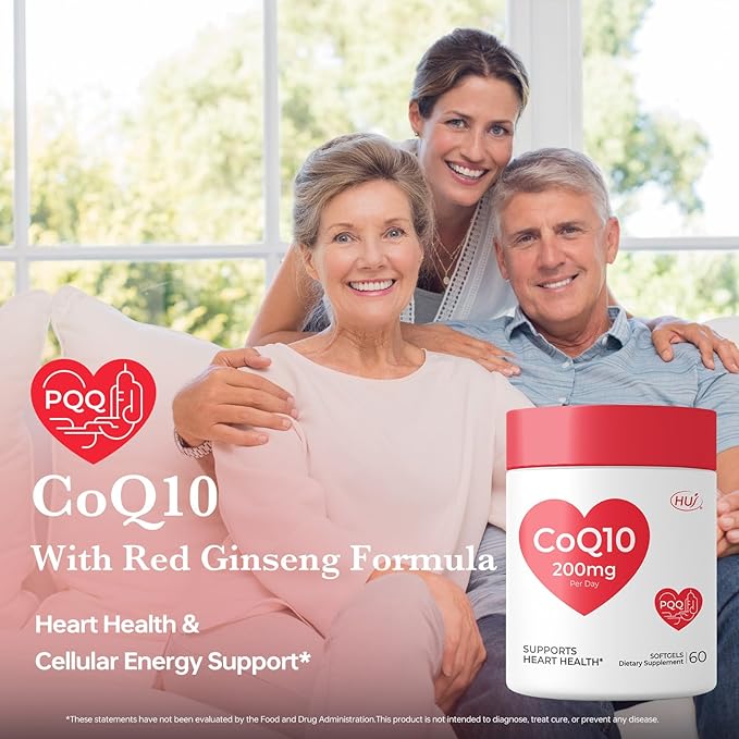 HUJ CoQ10 with Red Ginseng Formula - Heart Health &amp Energy Production Support with Coenzyme Q10 Red Ginseng Extract Vitamin E &amp PQQ - 60 Softgels