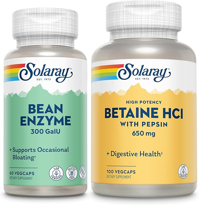SOLARAY Bean Enzyme and Betaine HCl with Pepsin - Digestive Health Bundle - with Alpha Galactosidase Hydrochloric Acid and Pepsin Digestive Enzymes - Digestion Nutrient Absorption Support 60/100ct