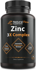 Zinc Supplement Complex with Copper and Vitamin C - Natural Flow 3X Zinc Carnosine Bisglycinate Chelate and Orotate Chelated Copper Easy on The Stomach Skin and Immune Support 120 Capsules