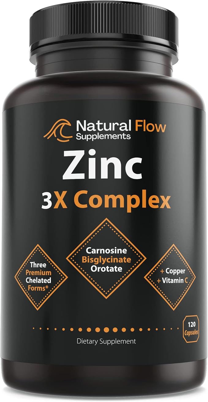 Zinc Supplement Complex with Copper and Vitamin C - Natural Flow 3X Zinc Carnosine Bisglycinate Chelate and Orotate Chelated Copper Easy on The Stomach Skin and Immune Support 120 Capsules