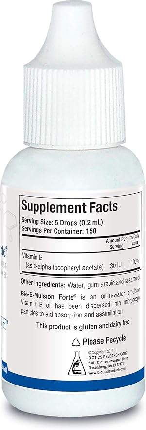 Biotics Research Bio E Mulsion Forte 1 Fluid Ounces 30 ml Vitamin E 30 IU / 5 Drops Emulsified Supports Cell Function Potent Antioxidant Supports Immune Function Heart Health 1 Fluid Ounces