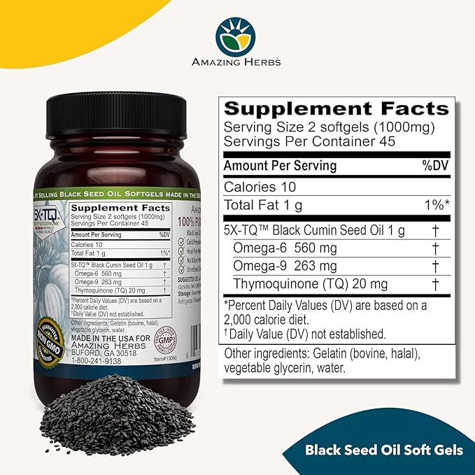 Amazing Herbs Premium Black Seed Oil Capsules - Gluten Free Non GMO Cold Pressed Nigella Sativa Aids in Digestive Health Immune Support- 90 Count (Pack of 2)
