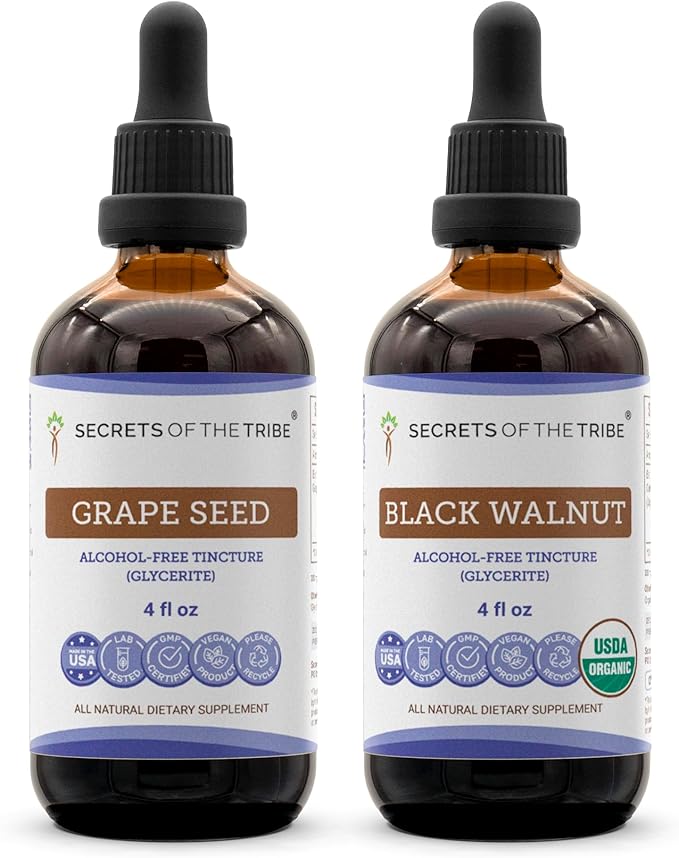 Secrets of the Tribe Grape Seed and Black Walnut Liquid Extract (2 pcs.) | Alcohol-Free Tinctures | Grape (Vitis vinifera) Dried Seed and Black Walnut (Juglans nigra) Dried Hull (2x4 fl oz)