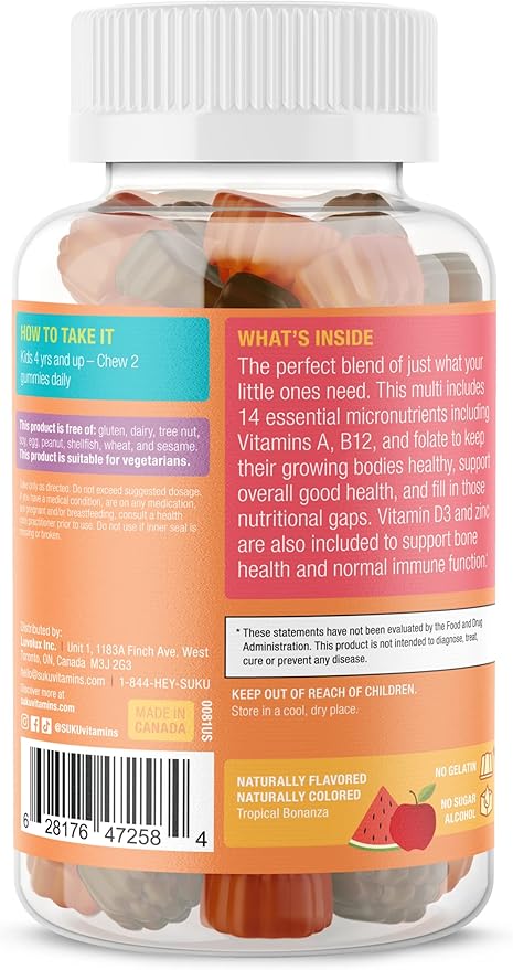 SUKU The Complete Kids Multivitamin Gummies – Vitamins A C D E B6 B12 Folate &amp Zinc – Immune Support Sugar-Free Gluten-Free Non-GMO Tropical Bonanza Flavor – 60 Count