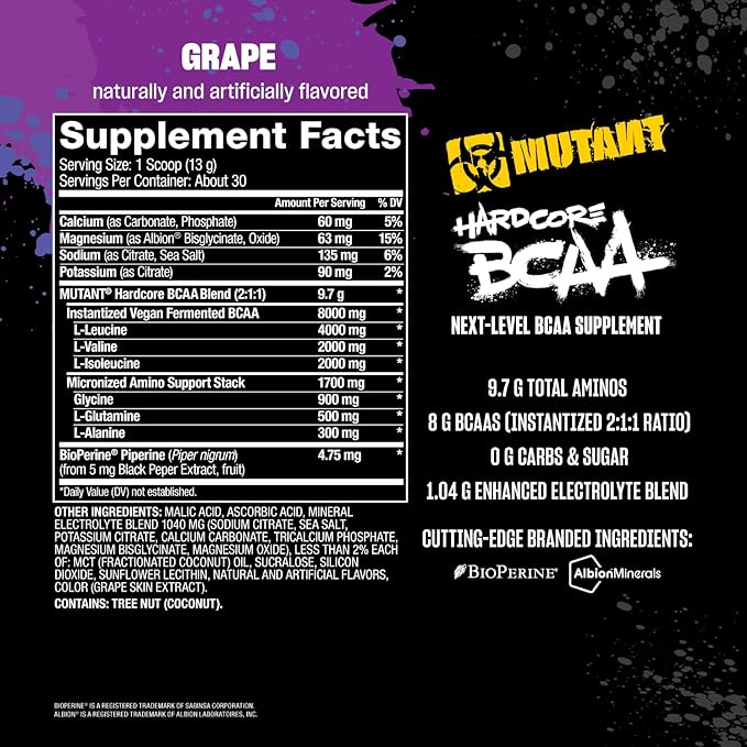 Mutant Hardcore BCAA - Pre Intra or Post Workout – BCAA Next Level branched-Chain Amino Acids Supplement – Hydration + Recovery - 30 Serving - Grape
