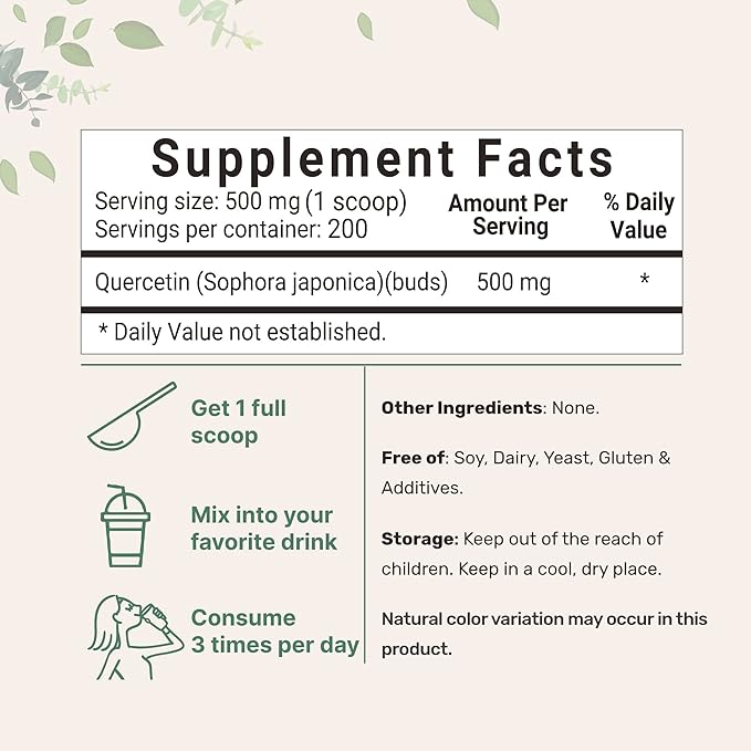 Pure Quercetin Dihydrate Powder Quercetin 500mg Per Serving 100 Grams Most Bioavailable Grade and Filler Free Powerful Antioxidant Supports Energy Immune System No GMOs and Vegan
