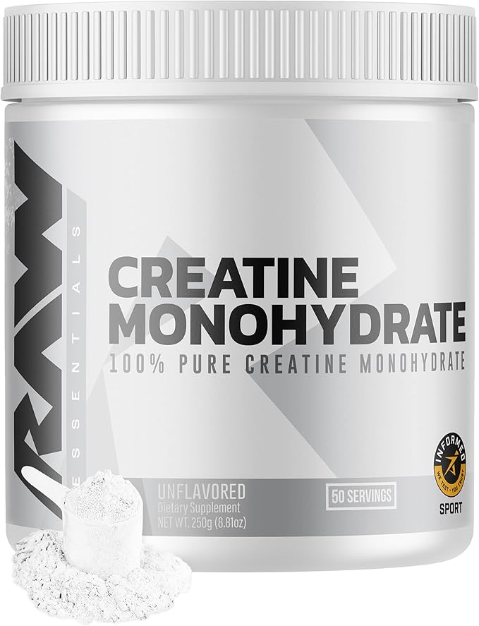 RAW Nutrition Creatine Monohydrate Powder - Unflavored Micronized Creatine Monohydrate Workout Supplement for Muscle Energy Strength &amp Endurance - Creatine Powder for Women &amp Men - 50 Serving