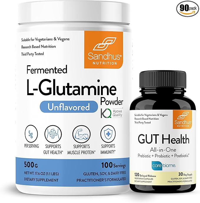 Sandhu's L-Glutamine Amino Acid Powder &amp Gut Health Capsules| Overall Gut Health| PrebioticPostbiotic
