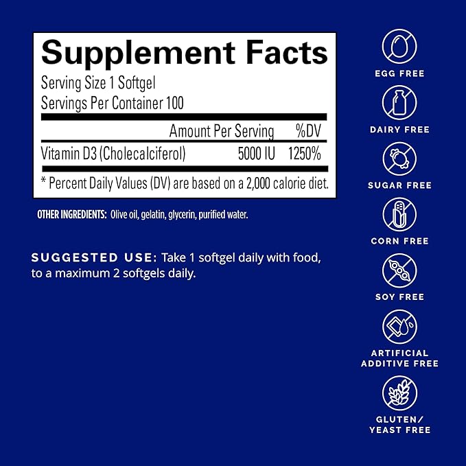 BRAINMD Dr Amen Vitamin D3 5000 100 Softgels - High Potency Cholecalciferol - Gluten Free - 100 Servings