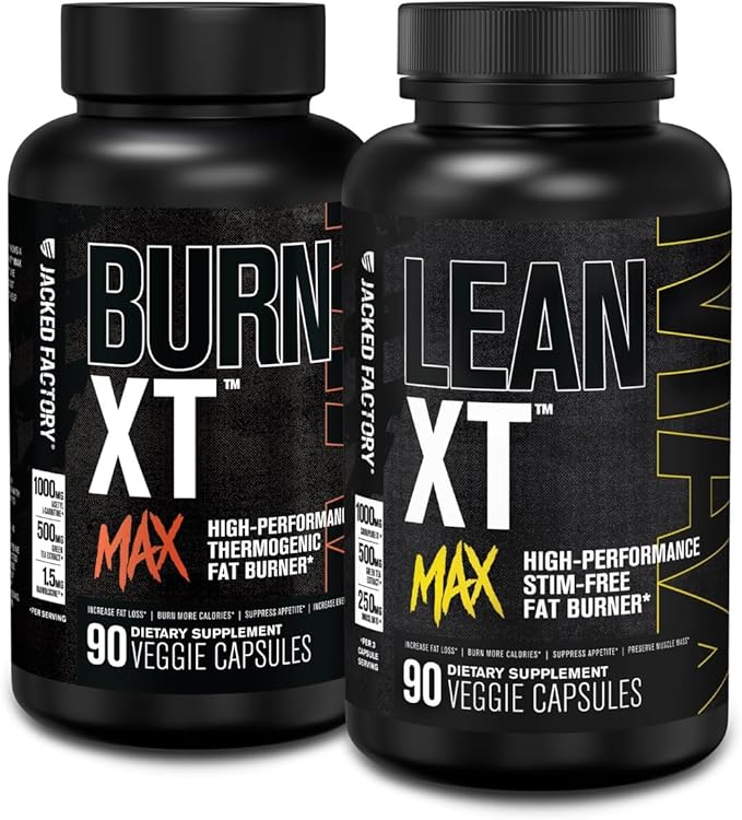 Jacked Factory Burn-XT Max - High-Performance Thermogenic Fat Burner &amp Appetite Suppressant for Weight Loss (90 Capsules) &amp Lean-XT Max - High-Performance Stim-Free Fat Burner (90 Capsules)