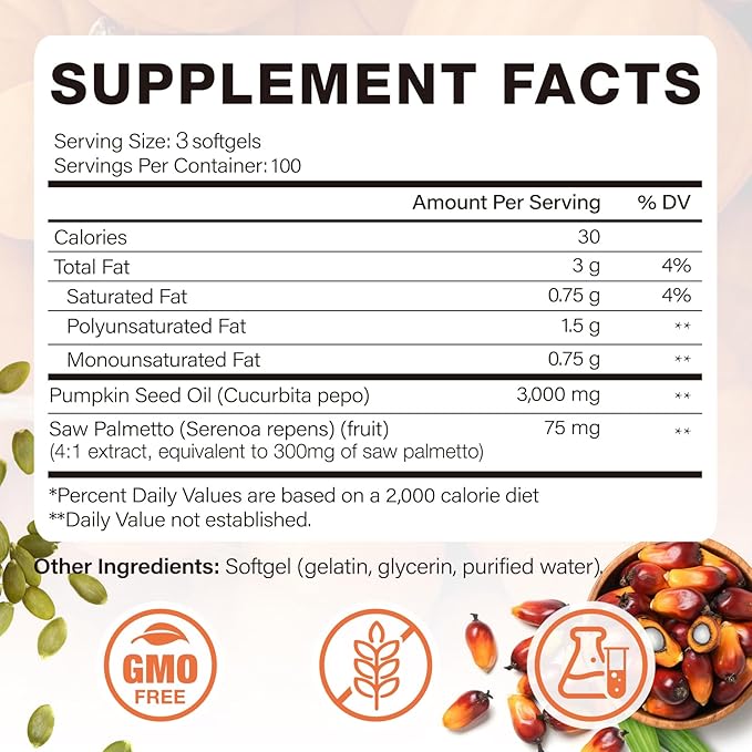 3000mg Max Strength Pumpkin Seed Oil + Saw Palmetto Capsules (300 Softgels) - Cold-Pressed Blend Supports Hair Growth Prostate Health &amp Urinary Tract Bladder Support Immune Boost Non-GMO