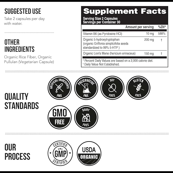 Organic 5-HTP - 200 mg | 99% 5HTP Concentration Plus Cofactor Vitamin B6 &amp Lion’s Mane | Water Extracted from Organic Griffonia Seeds | Supports Mood Cognition &amp Sleep (60 Capsules | 30 Serv