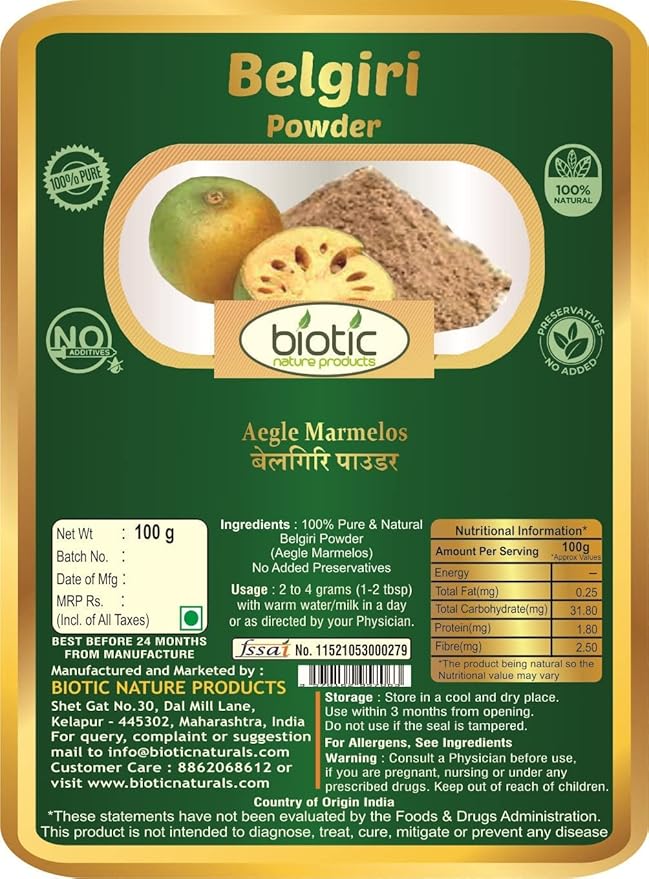 Veena Biotic Natural Belgiri Powder - Aegle Marmelos - Bealgiri Powder - Bael Phal Dry Powder - Bel Powder - Wood Apple - 100 gm