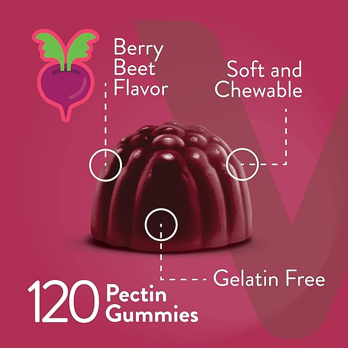 Viteey Beet Root Gummies with Magnesium &amp Vitamin C - Beetroot Supplement for Heart Health Blood Pressure Support - Vegan Gluten-Free - 120 Count