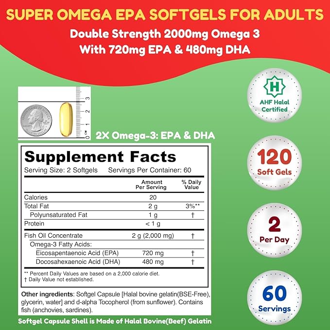 SHIFAA NUTRITION Halal Fish Oil Softgels 120 Ct Double Strength - Halal Omega 3 Fish Oil Supplements. Wild Caught Non-GMO &amp Purified