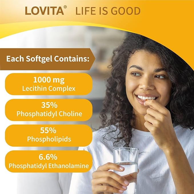 Lovita Lecithin 1000mg per Softgel 35% Phosphatidyl Choline | Lactation Brain &amp Nerve Support | Vegan Non-GMO 60 Softgels